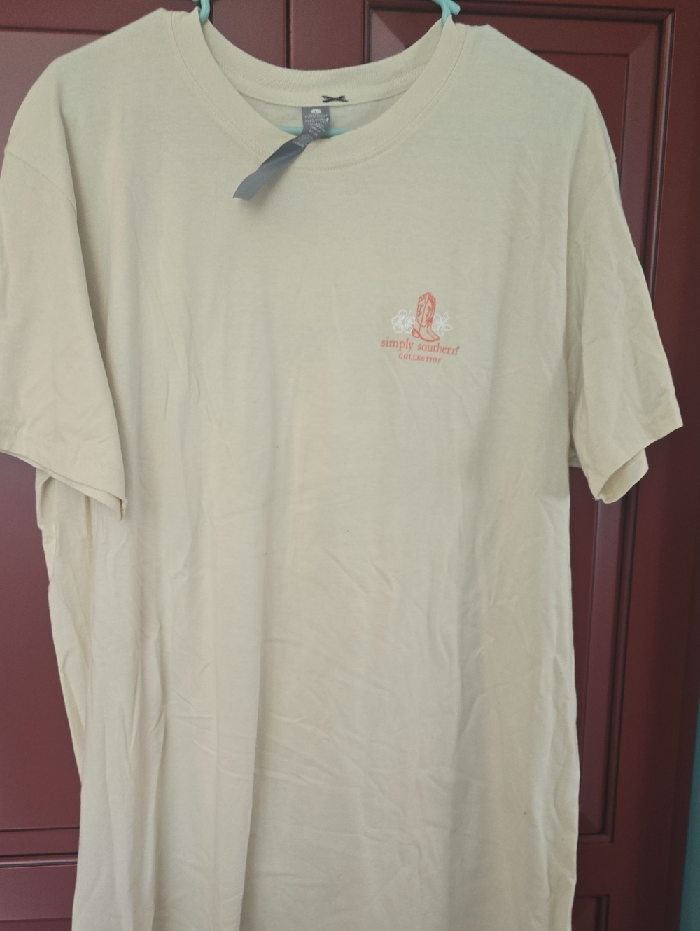 Simply Southern Men's Short-Sleeve Tee in Light Cream with Coral Logo
